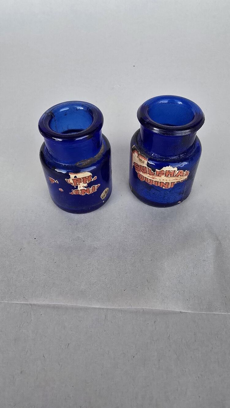 Vintage Cobalt Blue Apothecary Bottles Set of 2 Sulphate Quinine Pharmacy Jars